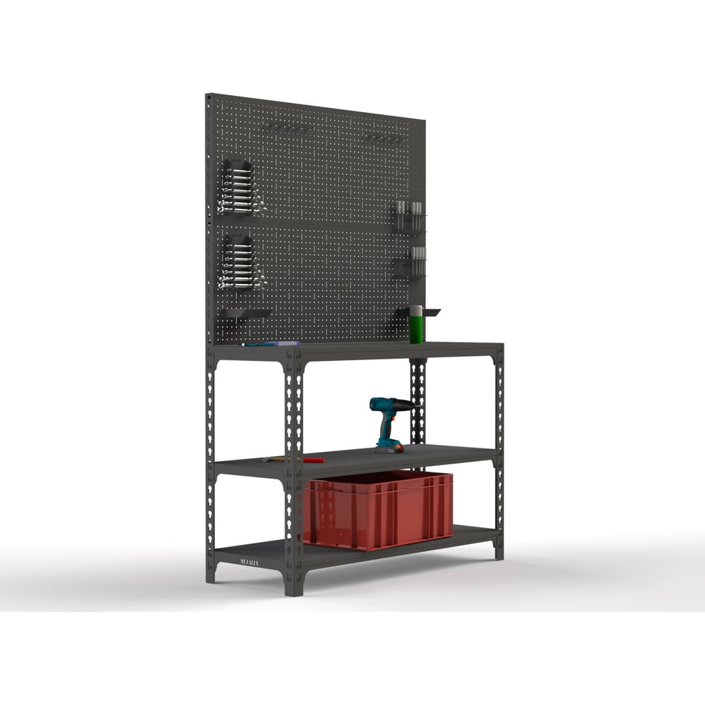 Изображение товара Стол-верстак ООО Металекс 950x1300x400 с двумя полками и перфопанелью серый