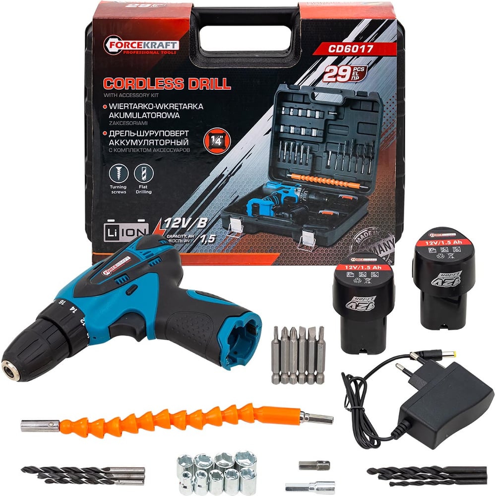 Изображение товара Аккумуляторная дрель-шуруповерт FORCEKRAFT FK-CD6017 с набором аксессуаров