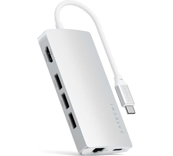 Изображение товара USB-концентратор SATECHI Aluminum Multi-Port Adapter V2. Интерфейс USB-C. 3 порта USB 3.0, 1 порт 4K HDMI, 1 порт Ethernet RJ-45, SD/micro-SD кардридер, серебряный ST-TCMA2S