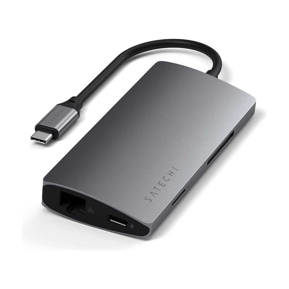 Изображение товара USB-концентратор SATECHI Aluminum Multi-Port Adapter V2. Интерфейс USB-C. 3 порта USB 3.0, 1 порт 4K HDMI, 1 порт Ethernet RJ-45, SD/micro-SD кардридер, серый космос ST-TCMA2M