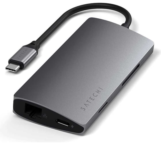 Изображение товара USB-концентратор SATECHI Aluminum Multi-Port Adapter V2. Интерфейс USB-C. 3 порта USB 3.0, 1 порт 4K HDMI, 1 порт Ethernet RJ-45, SD/micro-SD кардридер, серый космос ST-TCMA2M