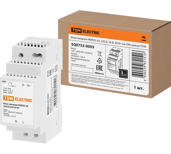Изображение товара Блок питания TDM ELECTRIC HDR30-24, 220 В, 24 В, 30 Вт, на DIN-рейку SQ0752-0005