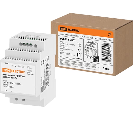 Изображение товара Блок питания TDM ELECTRIC HDR60-24, 220 В, 24 В, 60 Вт, на DIN-рейку SQ0752-0007