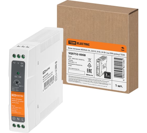 Изображение товара Блок питания TDM ELECTRIC MDR20-24, 220 В, 24 В, 20 Вт, на DIN-рейку SQ0752-0008
