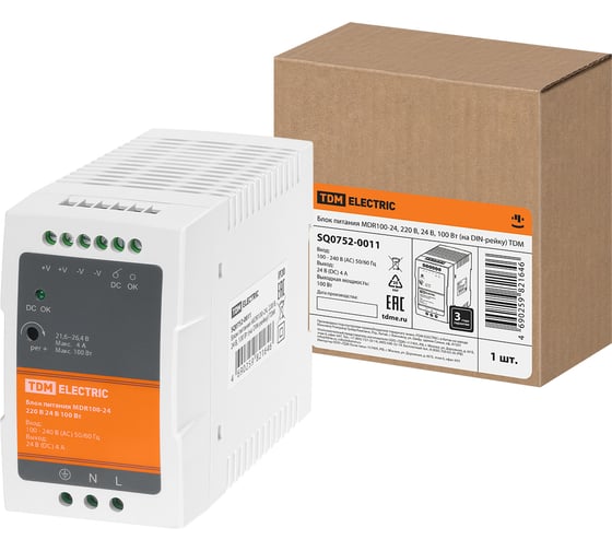Изображение товара Блок питания TDM ELECTRIC MDR100-24, 220 В, 24 В, 100 Вт, на DIN-рейку SQ0752-0011