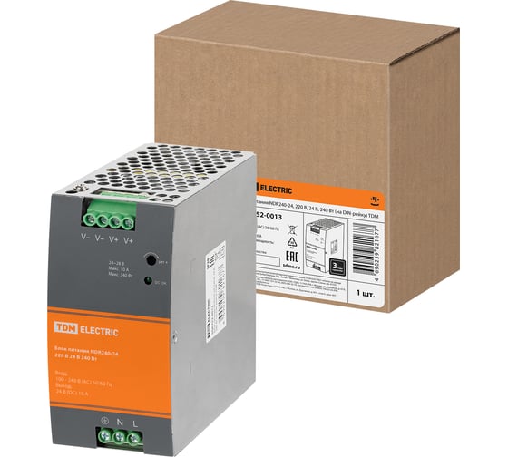 Изображение товара Блок питания TDM ELECTRIC NDR240-24, 220 В, 24 В, 240 Вт, на DIN-рейку SQ0752-0013