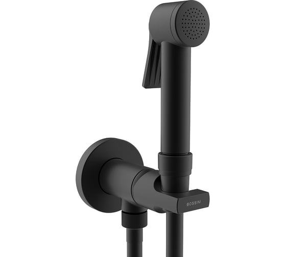 Изображение товара Гигиенический комплект Bossini Mono Paloma Flat Mixer Set: смеситель монокомандный, душ с кнопкой подачи воды, шланг 1250 мм, черный матовый E34003.073