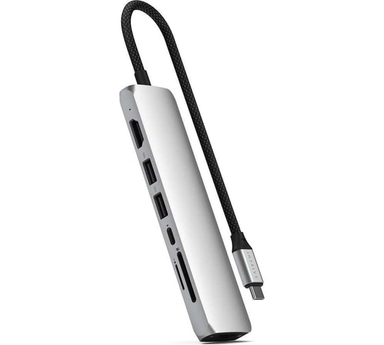 Изображение товара Адаптер SATECHI 7-in-1 1хUSB-Cх2xUSB-A3.2 Gen2хHDMI 4K-60HzхEthernet 1 GigabitхMicro/SD Card Reader Slim Multiport Adapter with Ethernet, серебристый ST-P7SS
