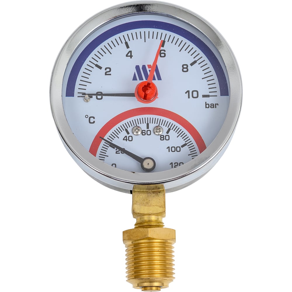 Изображение товара Термоманометр радиального подключения Millennium 1/2", Д80мм, до 10 бар (0-120C), вертикальный TVML121080