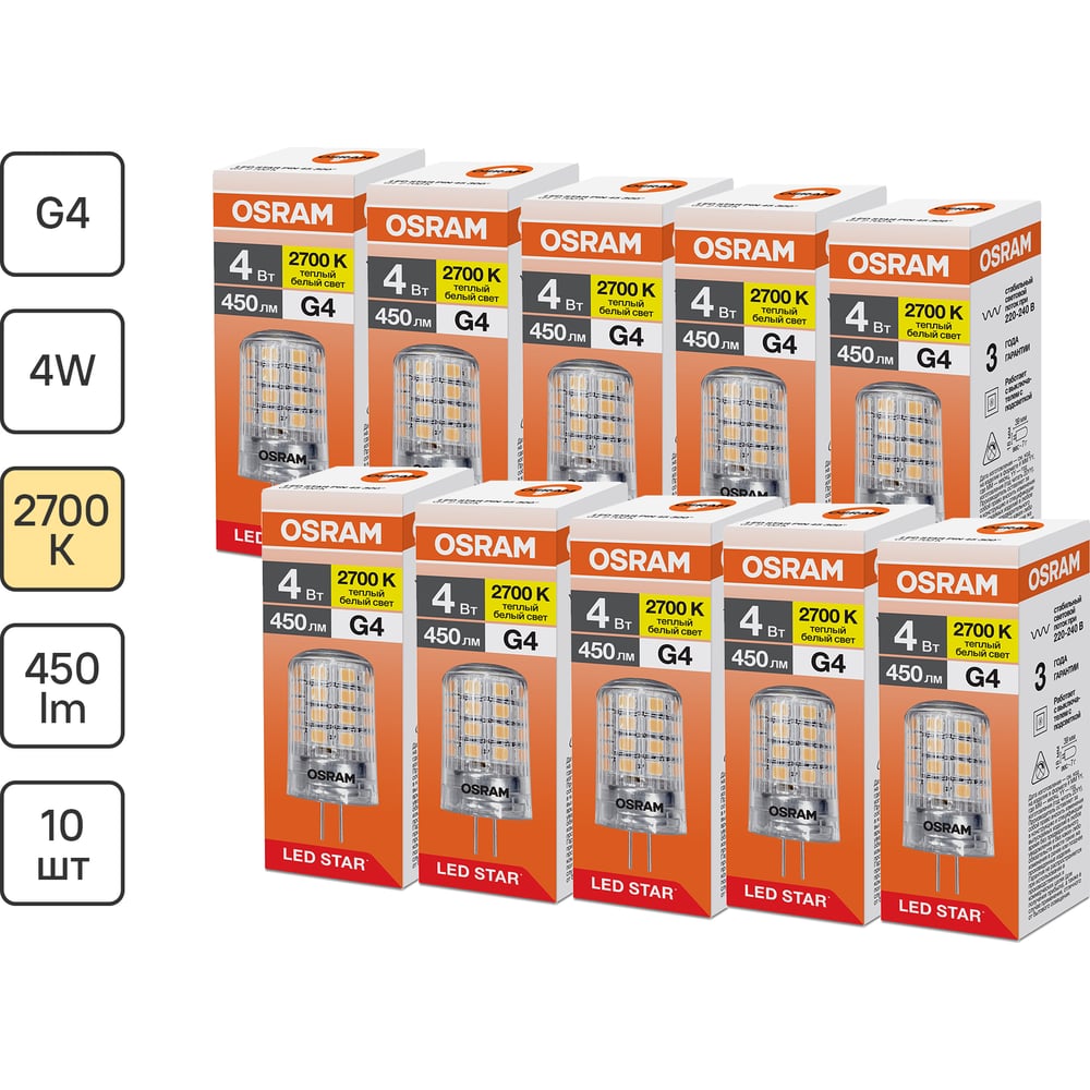 Изображение товара Светодиодная лампочка Osram LED STAR PIN 4W/827 220-240V CL G4 10x1 RU, 10 лампочек в групповой упаковке 4099854323270 Изображение товара Светодиодная лампочка Osram LED STAR PIN 4W/827 220-240V CL G4 10x1 RU, 10 лампочек в групповой упаковке 4099854323270
