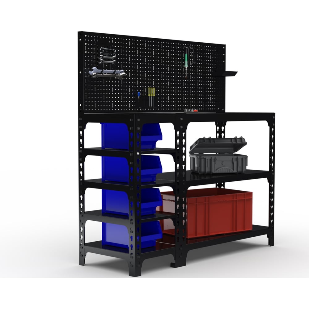 Изображение товара Стол-верстак ООО Металекс 950x1000x400 (с бок. полками, перфопанелью и комп. аксессуаров) чёрный / 117136