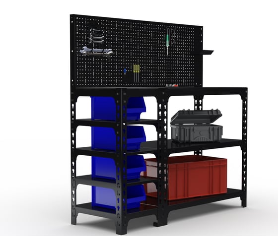 Изображение товара Стол-верстак ООО Металекс 950x1100x400 (с бок. полками, перфопанелью и комп. аксессуаров) чёрный / 117137