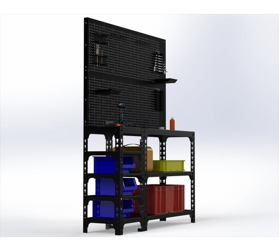 Изображение товара Стол-верстак ООО Металекс 950x1500x400 (с бок. полками, двумя перфопанелями и комп. аксессуаров) чёрный / 117168