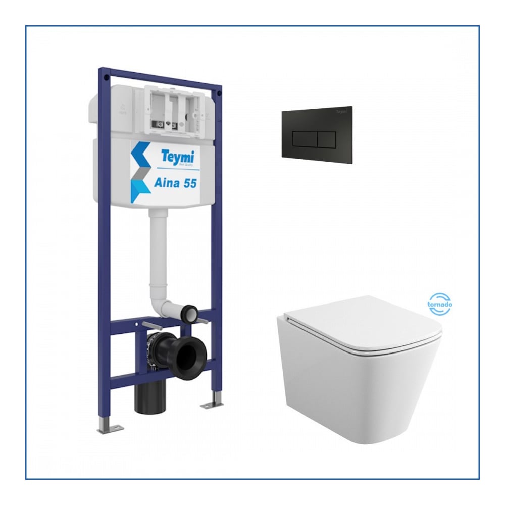 Изображение товара Инсталляция с унитазом Teymi комплект 5 в 1 унитаз подвесной безободковый торнадо Helmi Vortex кнопка черная F13599 ЦБ-00270880