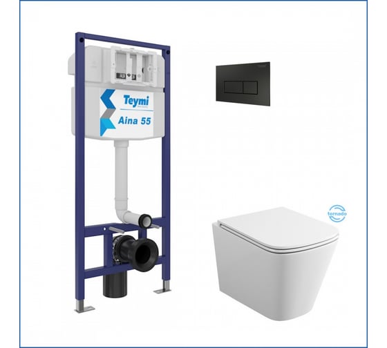 Изображение товара Инсталляция с унитазом Teymi комплект 5 в 1 унитаз подвесной безободковый торнадо Helmi Vortex кнопка черная F13599 ЦБ-00270880