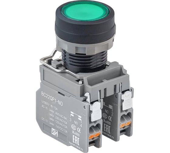 Изображение товара Кнопка Инпром Инновации BN22QP1-P/G NO+LED с подсветкой 230В, зеленая bn10040