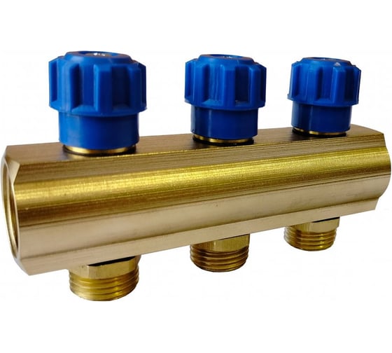 Изображение товара Коллектор латунный АПОГЕЙ 3/4 3 вых. НР1/2 ЕК с синей вентильной головкой КЛА 2003.040-4-ВГ(С)-15 410904