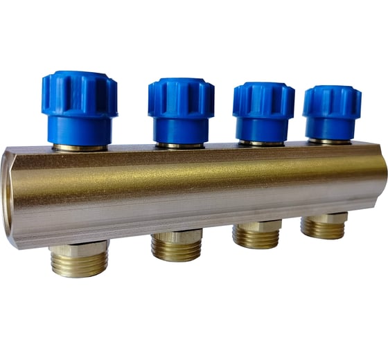 Изображение товара Коллектор латунный АПОГЕЙ 3/4 4 вых. НР1/2 ЕК с синей вентильной головкой КЛА 2004.040-4-ВГ(С)-15 410905