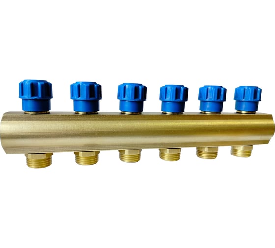 Изображение товара Коллектор латунный АПОГЕЙ 3/4 6 вых. НР1/2 ЕК с синей вентильной головкой КЛА 2006.040-4-ВГ(С)-15 410907