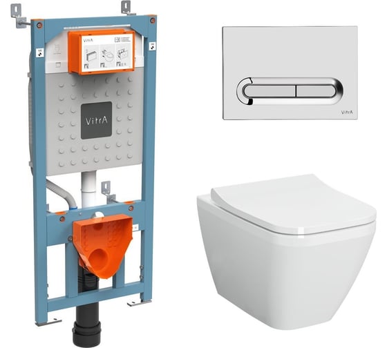 Изображение товара Комплект: подвесной безободковый унитаз VITRA Integra Square с тонким сиденьем с микролифтом, инсталляцией и панелью управления 9856B003-7206