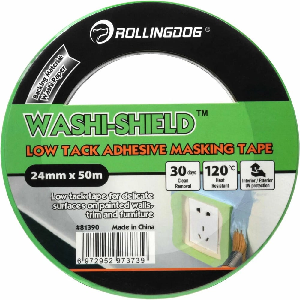 Изображение товара Малярная лента Rollingdog WASHI-SHIELD 24 мм 50 м - термостойкая клейкая лента из бумаги для ремонт