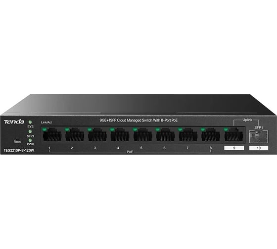 Изображение товара Коммутатор управляемыйTenda TEG2210P-8-120W PoE, 10 портов, 9x1 Гбит/с, SFP 1x1 Гбит/с, PoE 8x30Вт (до 110 Вт) 10000148166