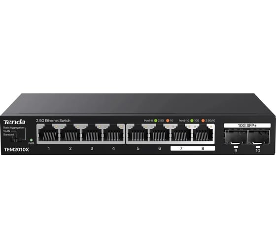 Изображение товара Коммутатор неуправляемый Tenda TEM2010X, 10 портов, RJ-45 8x2,5 Гбит/с, SFP+ 2x10 Гбит/с, настольный, металлический корпус 10000145203