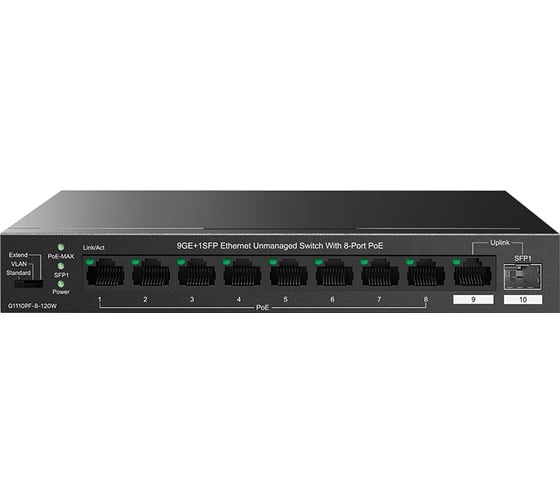 Изображение товара Коммутатор неуправляемый PoE Tenda TEG1110PF-8-120W 10 портов, 9x1 Гбит/с, SFP 1x1 Гбит/с, PoE 8x30 Вт (до 102 Вт), настольный 10000146635