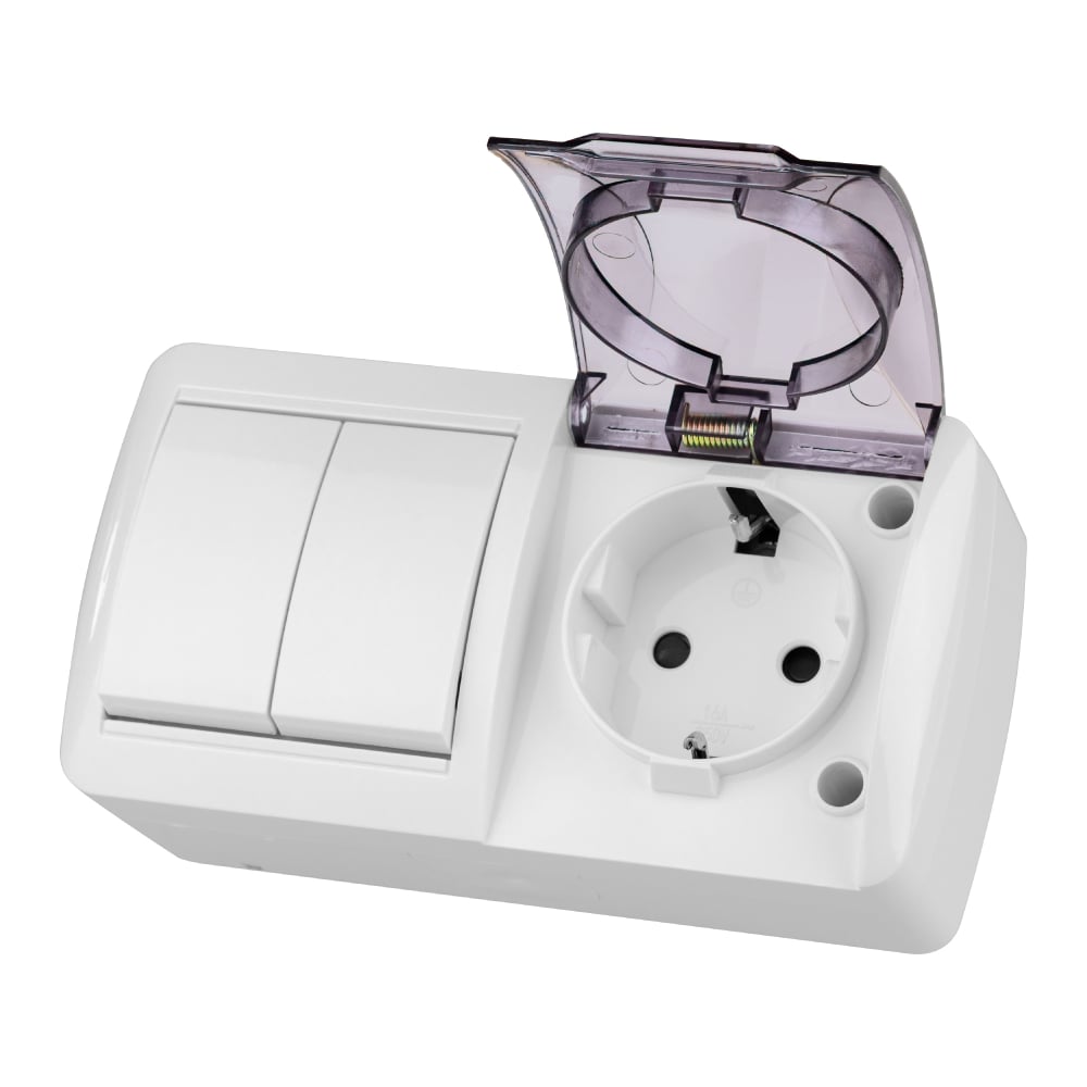 Изображение товара Комплект электроприборов TDM ELECTRIC 2-клавишный выключатель и розетка 2П+З IP54 белый