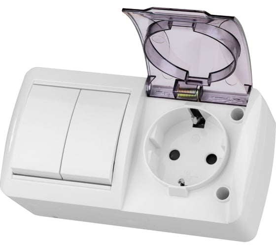 Изображение товара Блок TDM ELECTRIC выключатель 2-клавишный 10А + розетка 2П+З 16А с защитными шторками, с прозрачной крышкой, упаковка 5 штук, IP54 белый "Селигер" SQ1818-0023