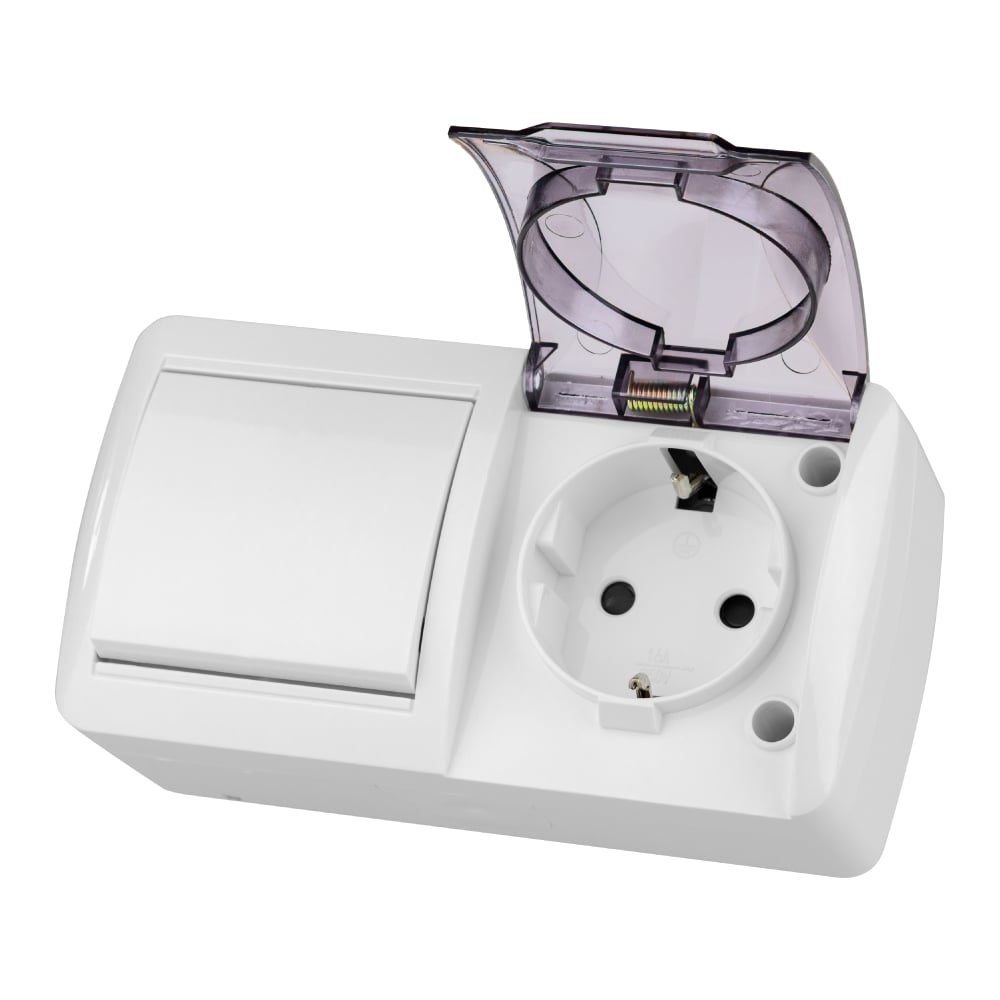 Изображение товара Блок TDM ELECTRIC выключатель 1-клавишный 10А и розетка 2П+З 16А с защитными шторками IP54 комплект
