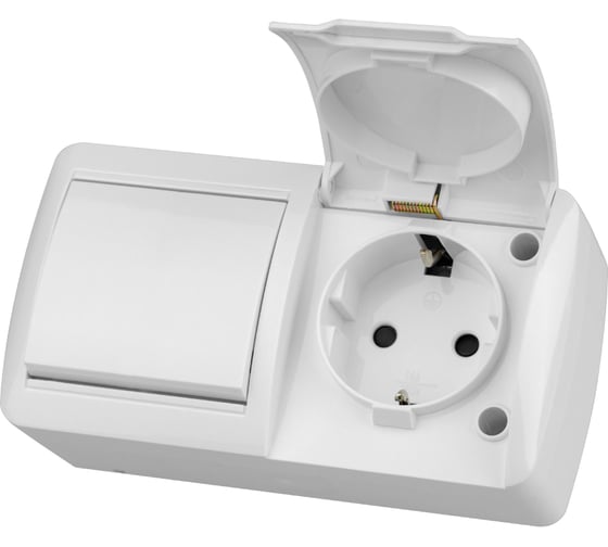 Изображение товара Блок TDM ELECTRIC выключатель 1-клавишный 10А + розетка 2П+З 16А с защитными шторками, с крышкой, упаковка 5 штук, IP54 белый "Селигер" SQ1818-0020