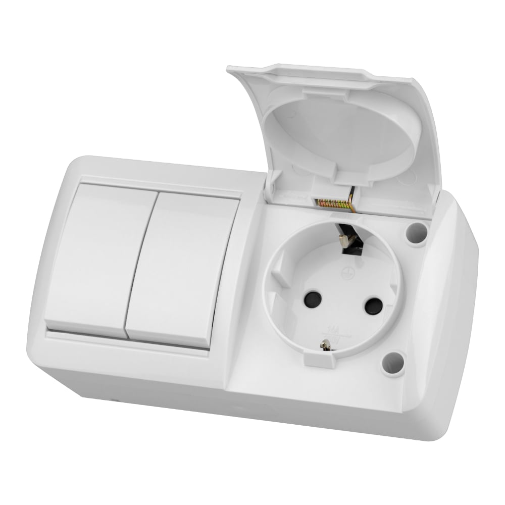Изображение товара Комплект выключателей и розетки TDM ELECTRIC серия Селигер 2-Клавишный 16А IP54 белый