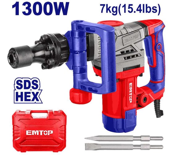 Изображение товара Отбойный молоток emtop напряжение: 220-240 В ~ 50/60 Гц Входная мощность: 1300 Вт Скорость удара: 3800 ударов в минуту Сила удара: 20 Дж EDBRH1301