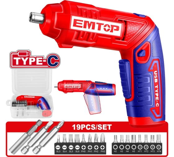 Изображение товара Отвертка аккумуляторная emtop 1/4" Скорость холостого хода: 240 об / мин Максимальный крутящий момент: 4нм Ручка регулируется в двух положениях ECSR0408