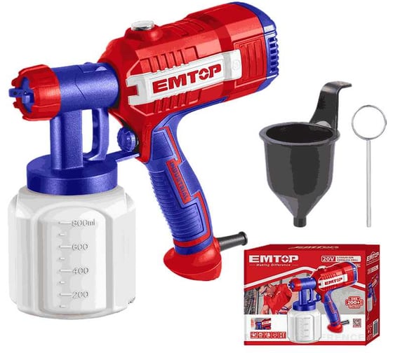 Изображение товара Краскораспылитель EMTOP напряжение: 220-240 В 50/60 Гц, потребляемая мощность: 450 Вт, давление распыления: 0,1-0,2 бар, максимальный расход: 380 мл/мин ESGN35001