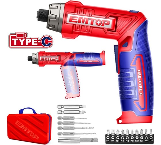 Изображение товара Отвертка аккумуляторная emtop напряжение: 8 В Шестигранный хвостовик: 1/4 " Скорость холостого хода: 220 об / мин Максимальный крутящий момент: 6 Нм ECSR0803