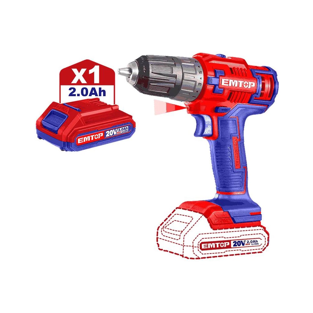 Изображение товара Аккумуляторная дрель-шуруповерт emtop 20 В 2 скорости 45 Нм подсветка