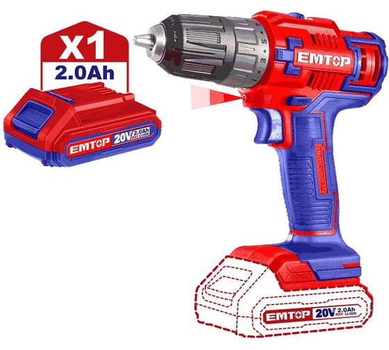 Изображение товара Аккумуляторная дрель-шуруповерт emtop 20 В, 0-400 /0-1500 об/мин, 45 Нм, пластиковый патрон ECDL6200118
