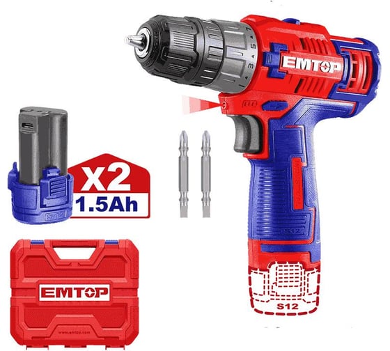Изображение товара Аккумуляторная дрель-шуруповерт emtop 12 В, 0-400/0-1500 об/мин, 45 Нм, пластиковый патрон ECDL12620