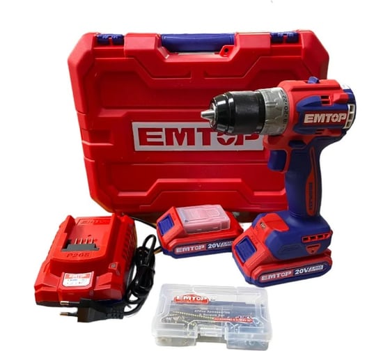 Изображение товара Компактная бесщеточная аккумуляторная дрель-шуруповерт EMTOP напряжение: 20 В, скорость холостого хода: 0-550/0-2000 об/мин, крутящий момент: 60 Нм ECDL20602