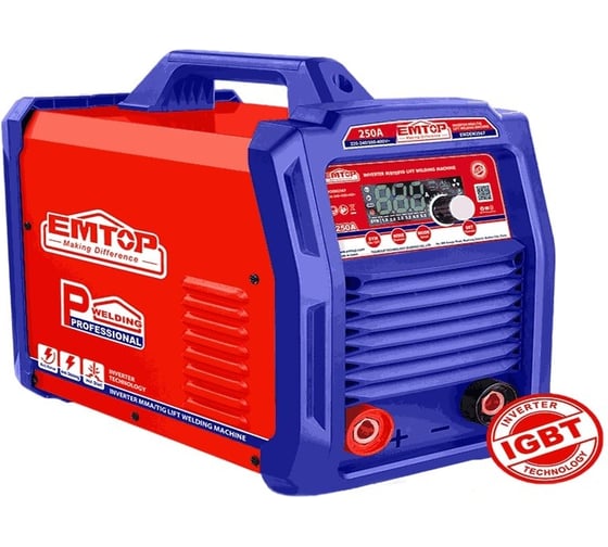 Изображение товара Инверторный сварочный аппарат EMTOP MMA/TIG Lift, входное напряжение (В): 220-240/380-400, фаза: одиночная, частота (Гц): 50/60, выходной ток (А): 30-250 EWDEM2567