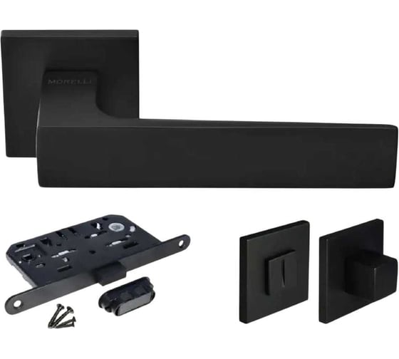Изображение товара Комплект (набор) дверных ручек MORELLI MH-54-S6 BL + завертка MH-WC-S6 BL + магнитный замок M1895 BL, цвет черный 9016069