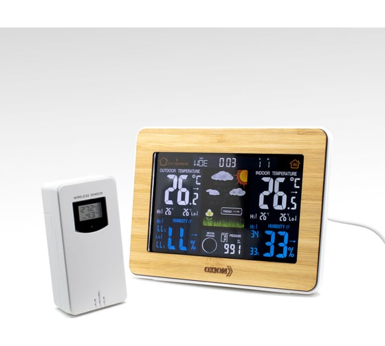 Изображение товара Беспроводная настольная метеостанция OXION с беспроводным датчиком и подсветкой, цвет дерево, арт. OTM1560