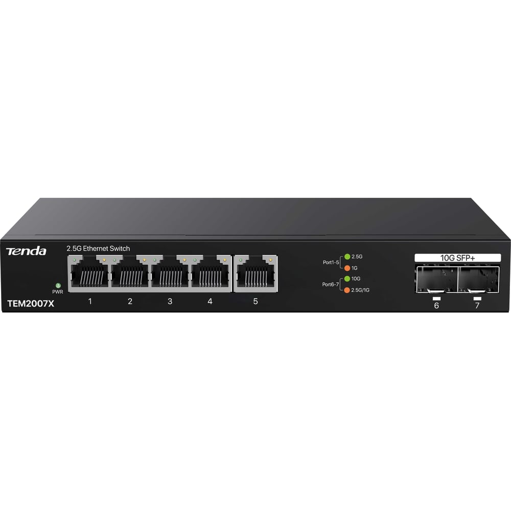 Изображение товара Коммутатор неуправляемый Tenda TEM2007X, 7 портов, RJ-45 5x2,5 Гбит/с, SFP+ 2x10 Гбит/с, настольный, металлический корпус 10000145202