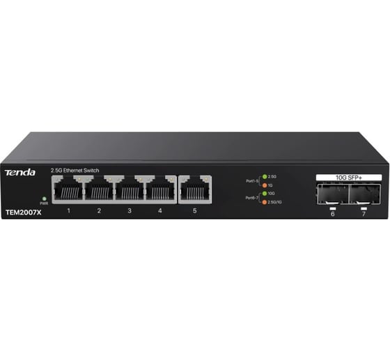 Изображение товара Коммутатор неуправляемый Tenda TEM2007X, 7 портов, RJ-45 5x2,5 Гбит/с, SFP+ 2x10 Гбит/с, настольный, металлический корпус 10000145202
