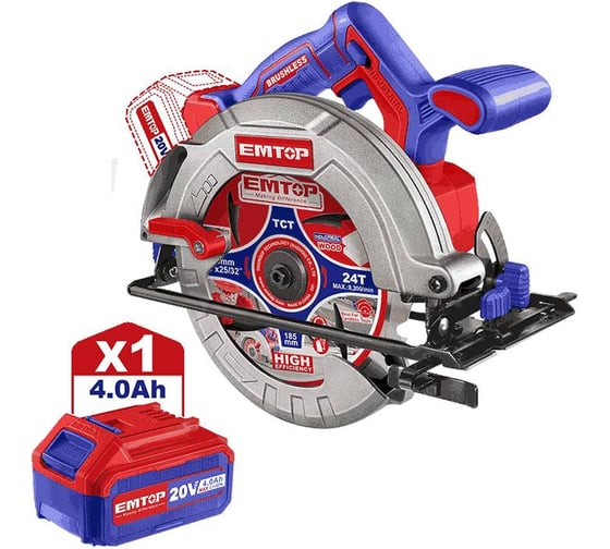 Изображение товара Аккумуляторная циркулярная пила emtop бесщеточный двигатель, 20 В, скорость холостого хода: 4800 об/мин ELCS18511
