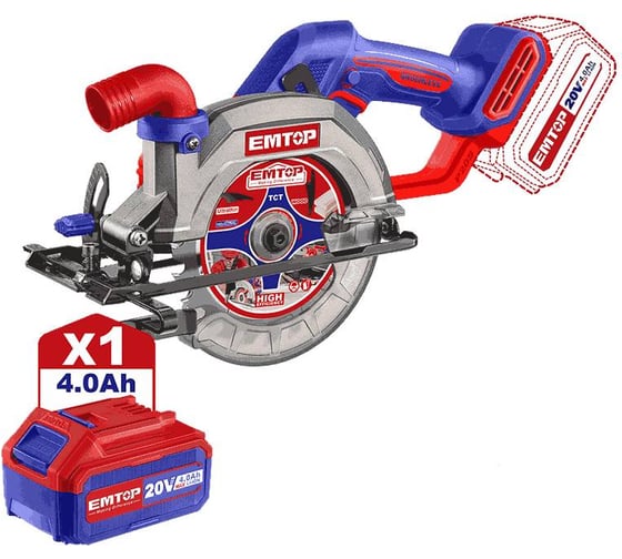 Изображение товара Аккумуляторная циркулярная пила emtop 20 В, скорость холостого хода: 6300 об/мин, диаметр лезвия: 140 мм (5-1/2") ELCS14021