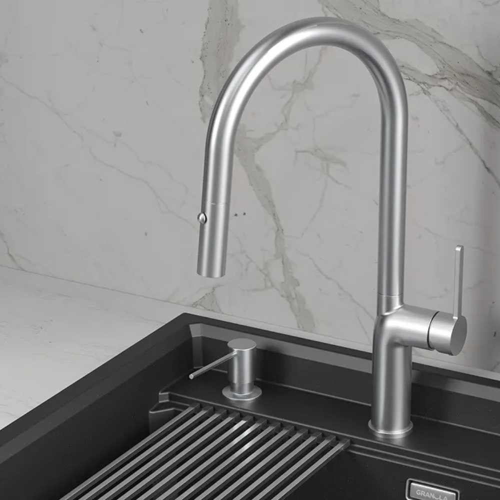 Изображение товара Современный кухонный смеситель GRANULA 9010 из нержавеющей стали с поворотным изливом Изображение товара Современный кухонный смеситель GRANULA 9010 из нержавеющей стали с поворотным изливом