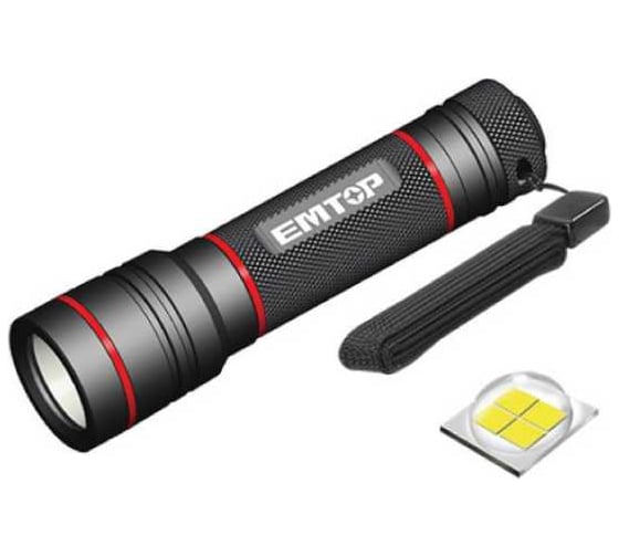 Изображение товара Фонарь EMTOP Яркость: Максимальная: 400 лм Низкая: 200 лм Расстояние облучения: 220 м Используйте 3 батарейки типа ААА EFLG3AAA05